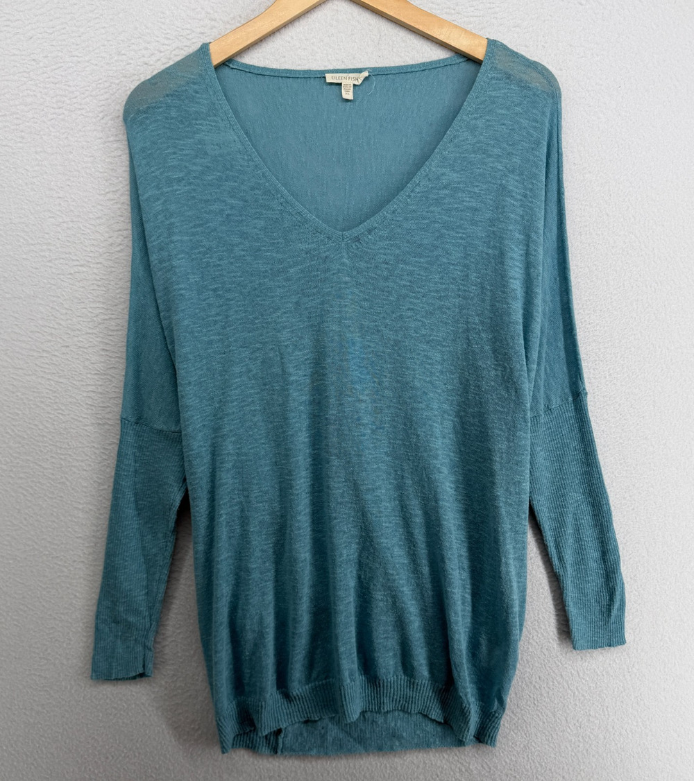 EILEEN FISHER Sweater XS Slub Cotton Linen Blend Oversized Tunic Dolman Blue